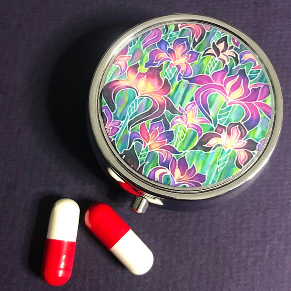 Pretty Purple and Green Iris Field Pill Box - pretty Round Trinket Box - Stud Earing Jewellery Box