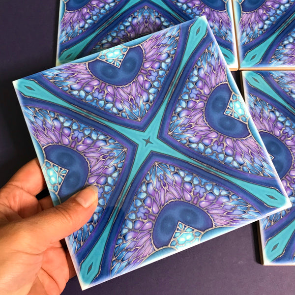 Persian Kaleidescope Tiles - contemporary tile in blue green purple and turquoise 6x6"