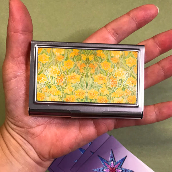 Daffodils business card holder - yellow green introduction card case