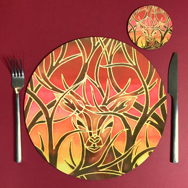 Red Stag Glass Chopping Board - Stag Trivet - Forest Pot Stand - Heat Proof Table Top Saver - Decorative Platter