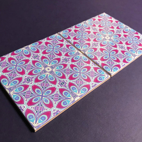 Lavender Plum Eye of the Peacock Feather Tiles - Blue Lilac Tiles  - Bohemian Nouveau Ceramic Hand Printed Tiles