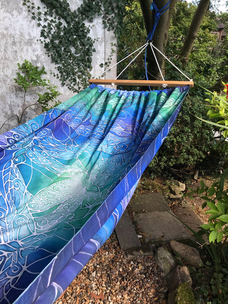 Gorgeous Blue Green Reversible Hammock - featuring Blue Shoal on one side and Dragonflies on the reverse.
