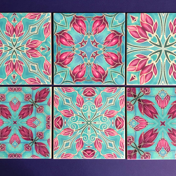 Pink Magnolias Kaleidoscope Mixed Set of Bathroom Tiles - Bright Bohemian Kitchen Tiles