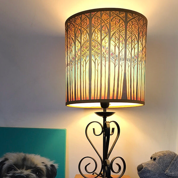 Into the Woods Contemporary Lamp Shade - Blue Teal Trees Effect Drum Shade - Atmospheric lighting