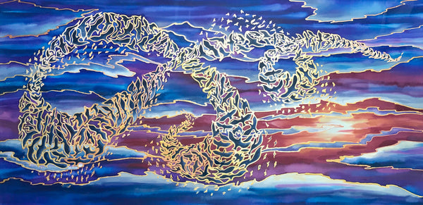 Sunset Murmuration Painting - Swooping Birds hand painted silk  - Blue Purple Red Sunset Original Art
