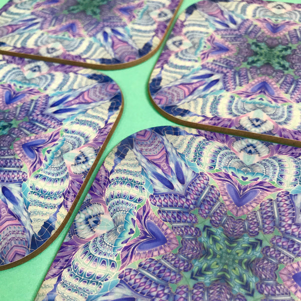 Spiral Shells Kaleidoscope Table Mats and Coasters- High Quality Table Mats - Blue Purple Green Tableware