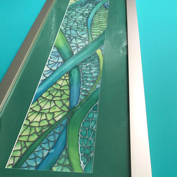 Vibrant Green Contemporary Flowing Water Original Silk Painting - green turquoise Hand-Painted Silk Art -