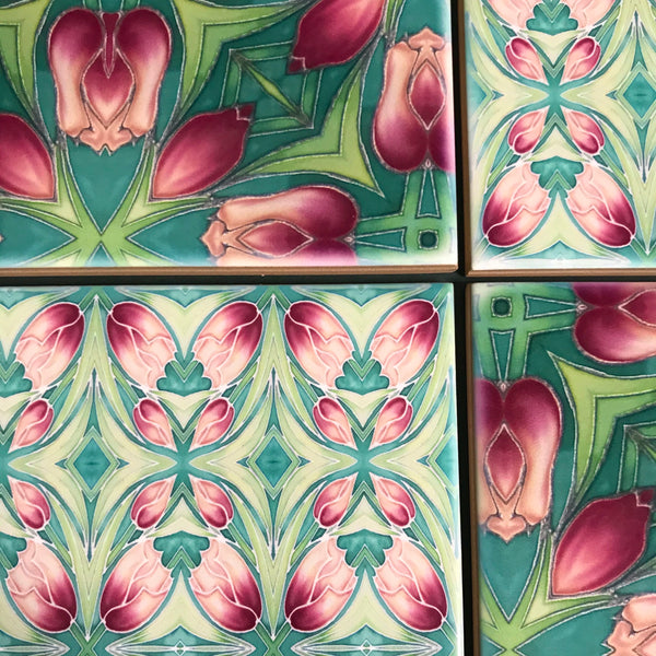 Pink Tulip Mixed Set of Bathroom Tiles - Arts and Crafts Look Bright Bohemian Kitchen Tiles