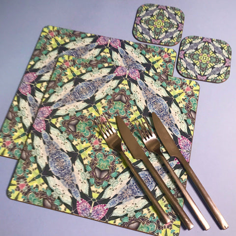 Kaleidoscope Butterfly Square Table Mats & Coasters - Lilac Charcoal Pink and Green Table Mats