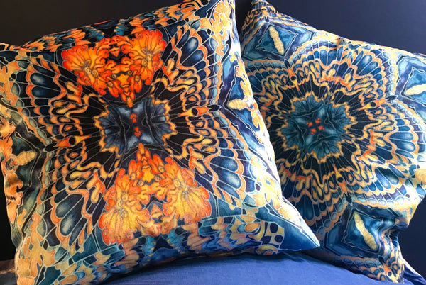 Contemporary Grey Blue Orange Velvet Cushions - Dramatic Moth Kaleidoscope Design Luxury Velvet Cushions