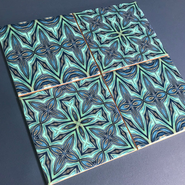 Mixed Set of Blue Teal Geometric Fusion Tiles -  Ceramic Hand Printed Bathroom Kitchen Tiles