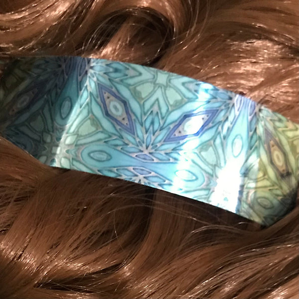 Green Teal Aqua Turquoise Mosaic Large Hair Clip - Shiny Patterned Hair Barrette