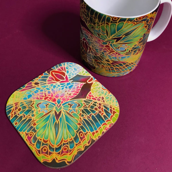 Red Green Mosaic Butterfly Mug and Coaster - Butterfly Mug Box Set