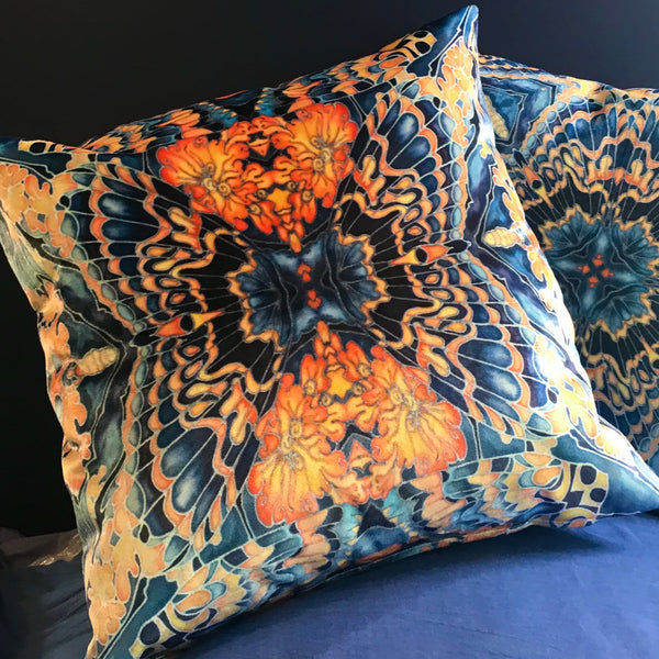 Contemporary Grey Blue Orange Velvet Cushions - Dramatic Moth Design Luxury Velvet Cushions