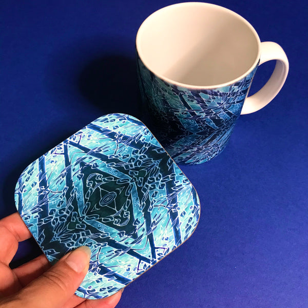 Blue Diamond Forest Mug and Coaster Box Set -  Blue Teal Turquoise Mug