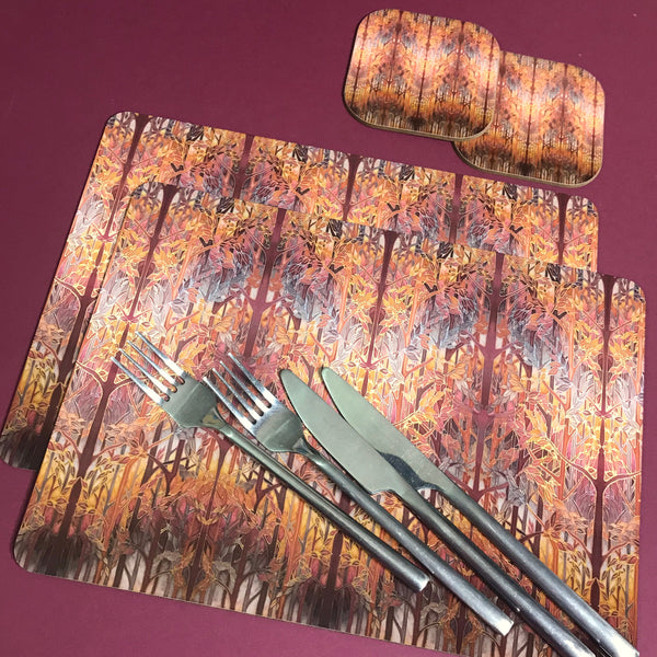 Forest Trees High Quality Table Mats and Coasters - Burgundy Terracotta Tableware - Copper Brown Burgundy Tableware