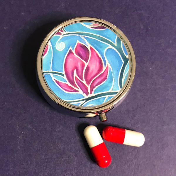 Pink Magnolias Pill Box - Flower Round Trinket Box - Stud Earing Jewellery Box