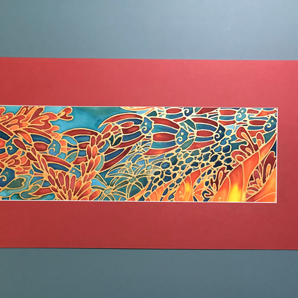 Vibrant Tropical Fish Coral Reef Original Silk Painting - Bold Red Orange Gold Hand-Painted Silk Art