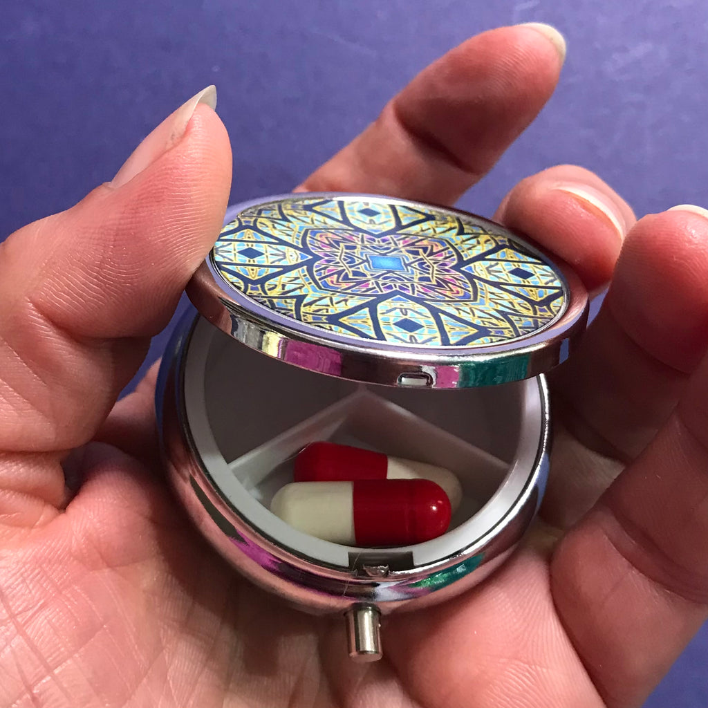 Contemporary Rose Window Pill Box - Bold Stained Glass Style Blue Round Box - Stud Earing Jewellery Box