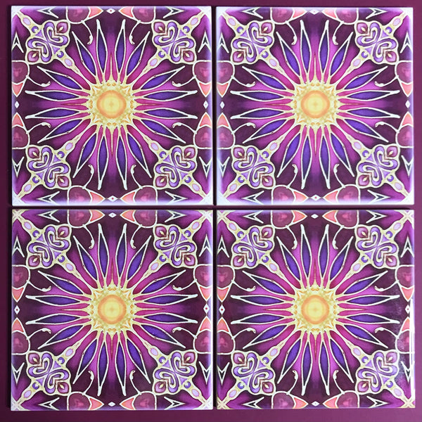 Flower Tiles in Rich Plum - Beautiful Ceramic Bohemian Tiles - Kitchen Bathroom Tiles
