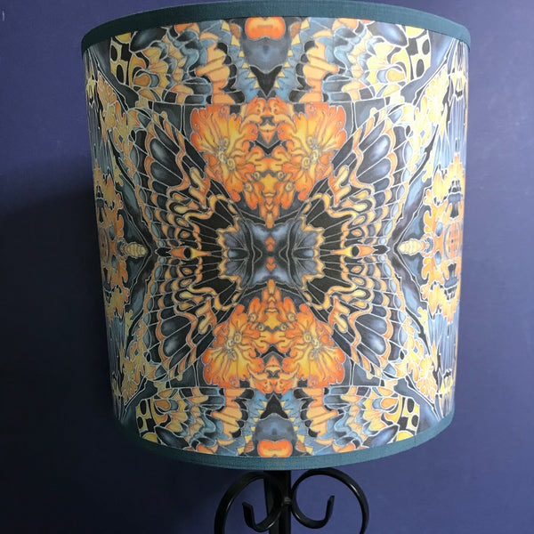 Contemporary Grey Blue Orange Butterfly Moth Lamp shade - Butterfly Moth Drum Shade - Atmospheric lamp Shade