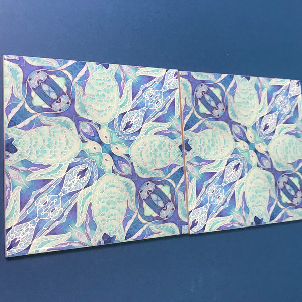 Turtles Waltz Blue Aqua Green Ceramic Tiles -  Ceramic Hand Printed Tiles