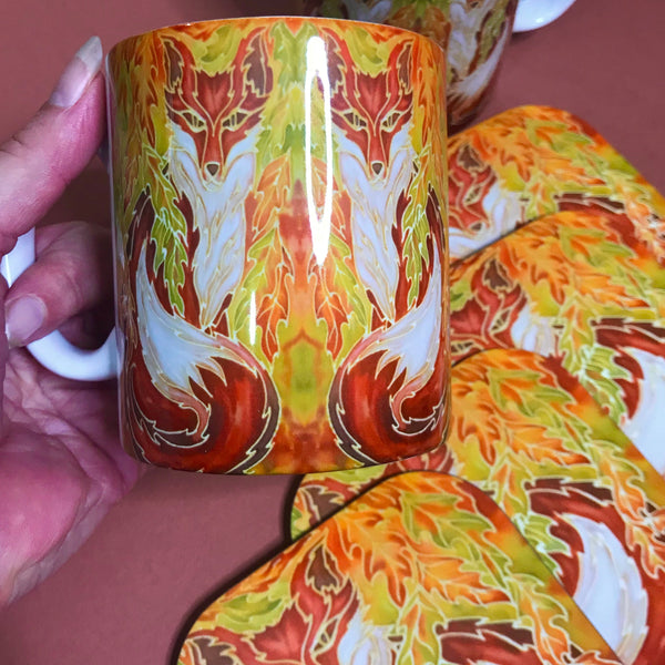 Fox in Oak Leaves Mug & Coaster - Fox Mug Box Set - Green Terracotta Yellow Fox Mug - Fox Lovers Mug Gift