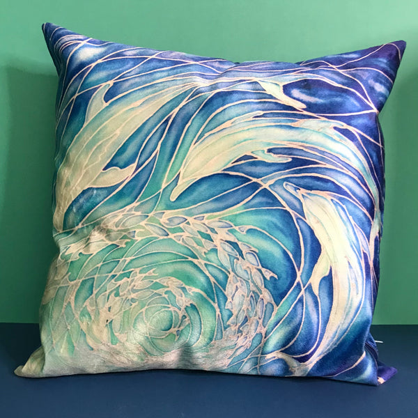 Blue Aqua Dolphins Cushion - Ultramarine Turquoise Chenille Fabric - Intricate pattern pillow