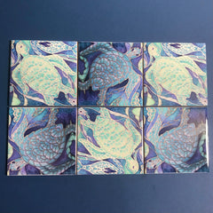Blue Aqua Turtle Mix Small 6” Square Tiles -  Ceramic Bathroom Kitchen Hand Printed Tiles