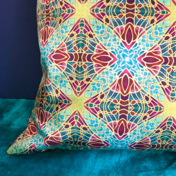 Teal Green & Red Diamond Repeat Pattern Kaleidoscope Cushions in Luxury Velvet