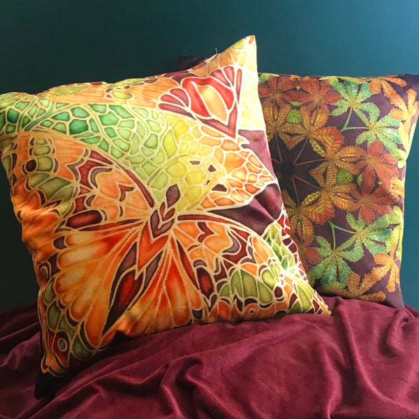 Terracotta Caramel and Moss Green Luxurious Velvet Butterfly Cushion - Green Rust Butterflies pillow