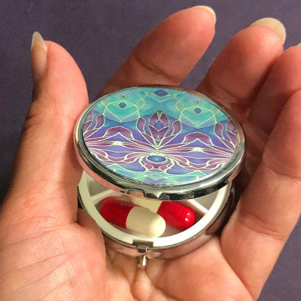 Turkish Blue Purple Persian Orchid Pill Box - pretty Round Trinket Box - Stud Earing Jewellery Box