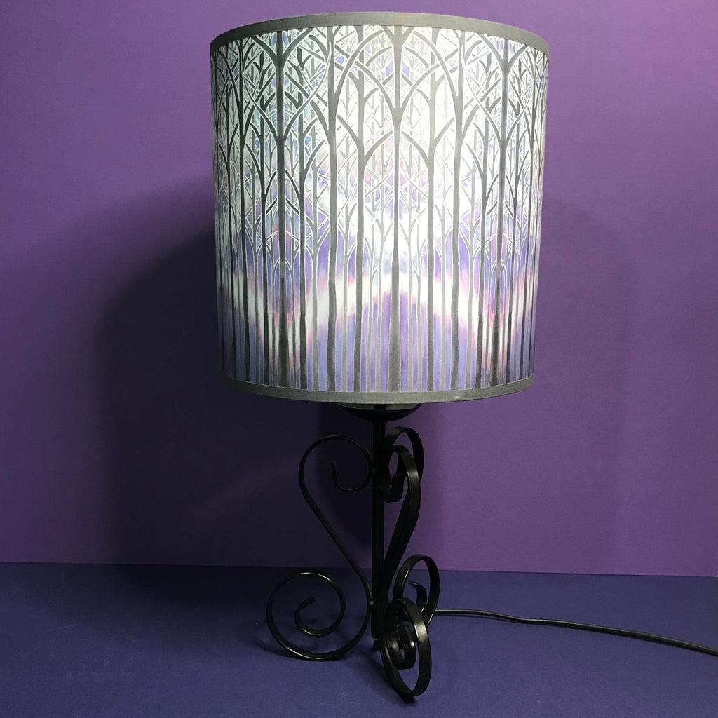 Calming Misty Trees Contemporary Lamp Shade - Lavender Lilac Grey Charcoal Drum Shade - Atmospheric lighting
