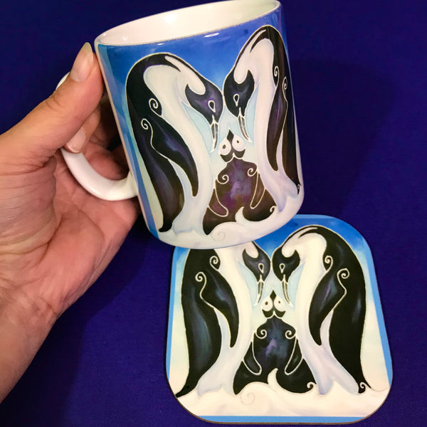 Cute Ice Blue Penguin Family Mug and Coaster Box Set - Penguin Box Set - Blue Penguin Gift