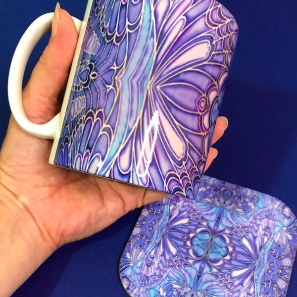 Purple Blue Lilac Butterfly Mug and Coaster - Butterfly Mug Box Set - colours