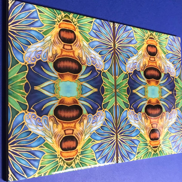Gorgeous Blue Green Caramel Bumble Bees - Beautiful Ceramic Bohemian Tiles - Kitchen Bathroom Tiles