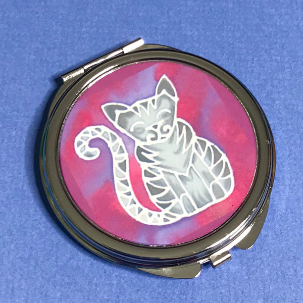 Cute Grey Tabby Cat Pocket Mirror -  Pink Grey Cat Handbag Mirror - Gift for Her