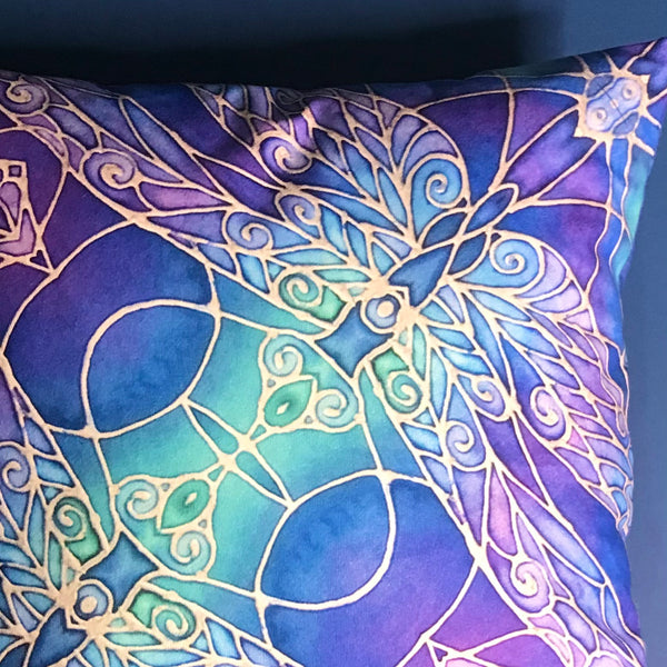 Nouveau Dragonflies Cushion - Blue Green Turquoise Purple Cushion - Dragonflies Art Pillow
