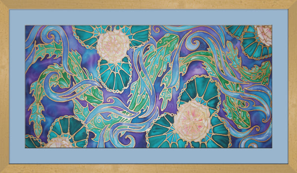 Pond Original Silk Painting with Fish and Lily Pads - blue turquoises  green Original Art