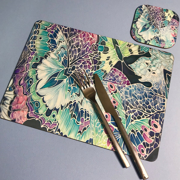 Butterfly on Leaves hard wearing Table Mats - Teal Pink Plum Charcoal Green Tableware
