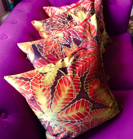 Autumnal Leaves Cushion Set - Reds Yellow Velvet Cushions - Four Leaves Designs by Meikie