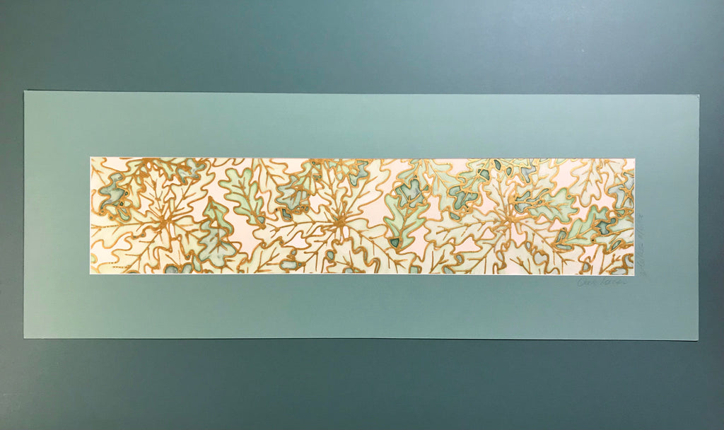 Green Oak Leaves Original Silk Painting - green gold Hand-Painted Silk Art -