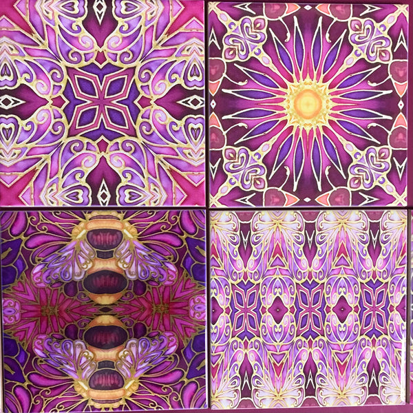 Bees and Flowers Mixed Tiles Set - Plum Purple Gold Tiles - Beautiful Tile - Bohemian Tiles