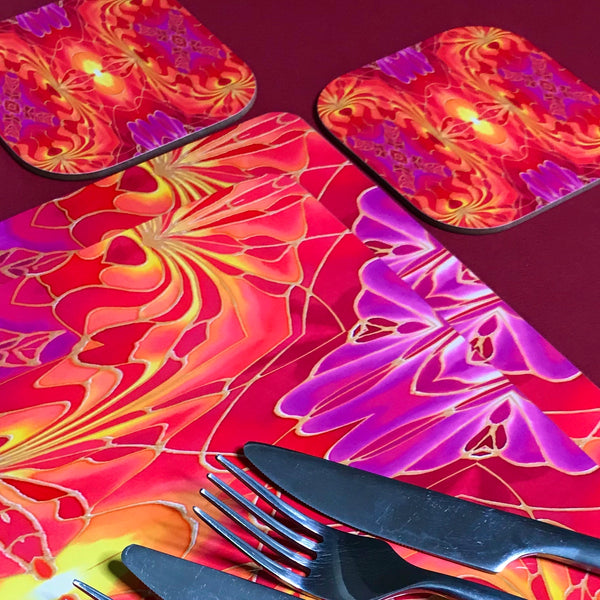 Dramatic Bright Pink Red Yellow Orange Placemats & Coasters - Red Pink Orchid Table Mats