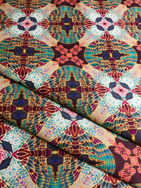 Teal Green Red Lime Gold 'Butterfly Bauble' Designer 100% Cotton Satin fabric for curtains, upholstery and soft furnishings
