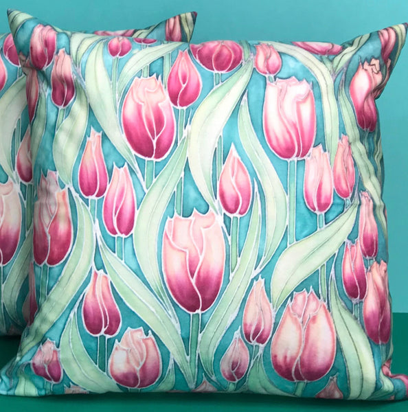 Pink Tulips cushion - printed onto suedette fabric - pink and mint green colours