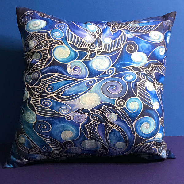 Swallows cushion - printed onto suedette fabric - blue navy and prussian blue colours