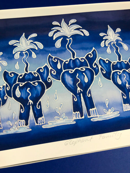 Fun Elephant Print - Deep Blue Elephant Family Art Print - Baby Elephant Print - Wildlife Art