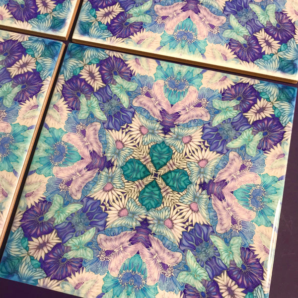 Pretty Stylised Flower Tiles - Lilac Turquoise Bohemian Ceramic Printed Tiles