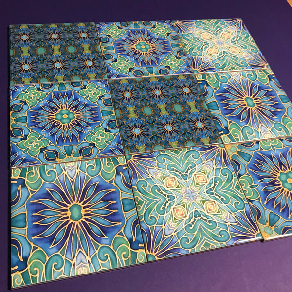 Teal Blooms Mixed Tile Set - Emerald, Blue, Jade  Gold Tiles - Beautiful Tile - Bohemian Tiles